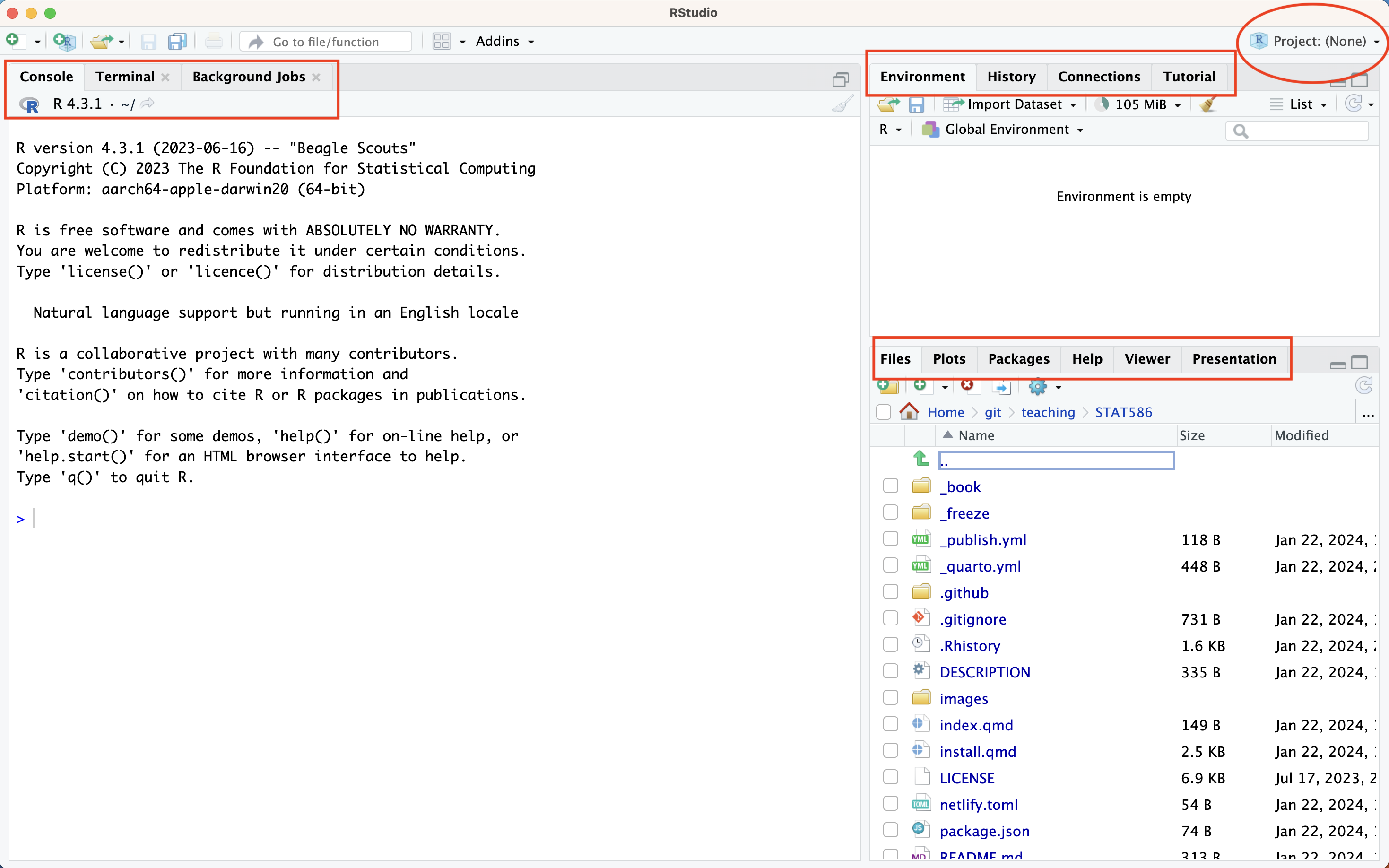 A diagram pointing out the different panes and tabs in RStudio.